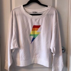 White Sweatshirt with Rainbow Lightning Bolt 🌈